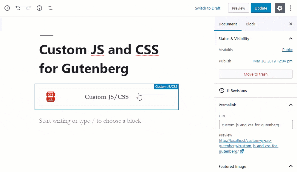 Inline Javascript Code (Babel) with Custom JS and CSS for Gutenberg
